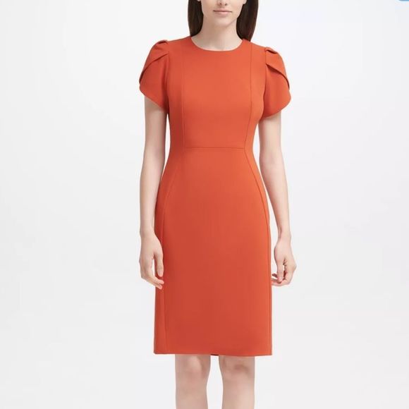 Calvin Klein Tulip Sleeve Sheath Dress Cocktail Spicy Orange Womens Size 2 - Picture 3 of 10